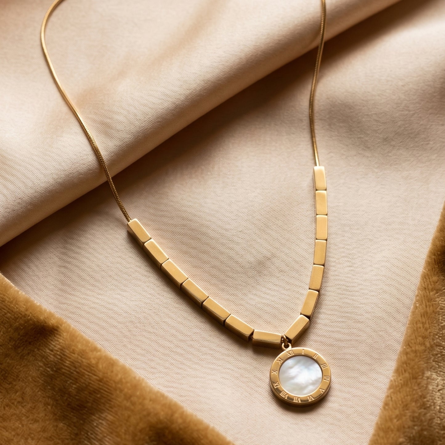 Geometric Tube & Roman Numeral Mother of Pearl Necklace