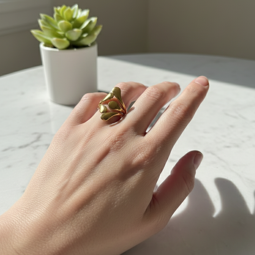 Gold Abstract Statement Ring for Women | Adjustable Stainless Steel Designer Ring | Minimalist Fashion Jewellery