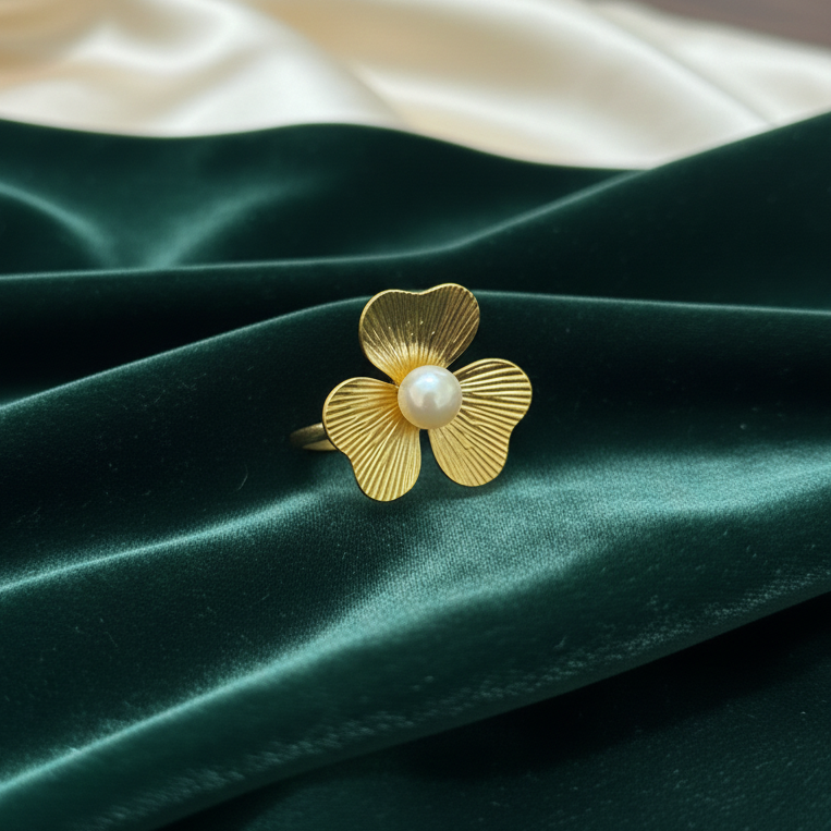 Gold Plated Filigree Clover Ring with Pearl Center – Vintage-Inspired Three-Leaf Statement Ring