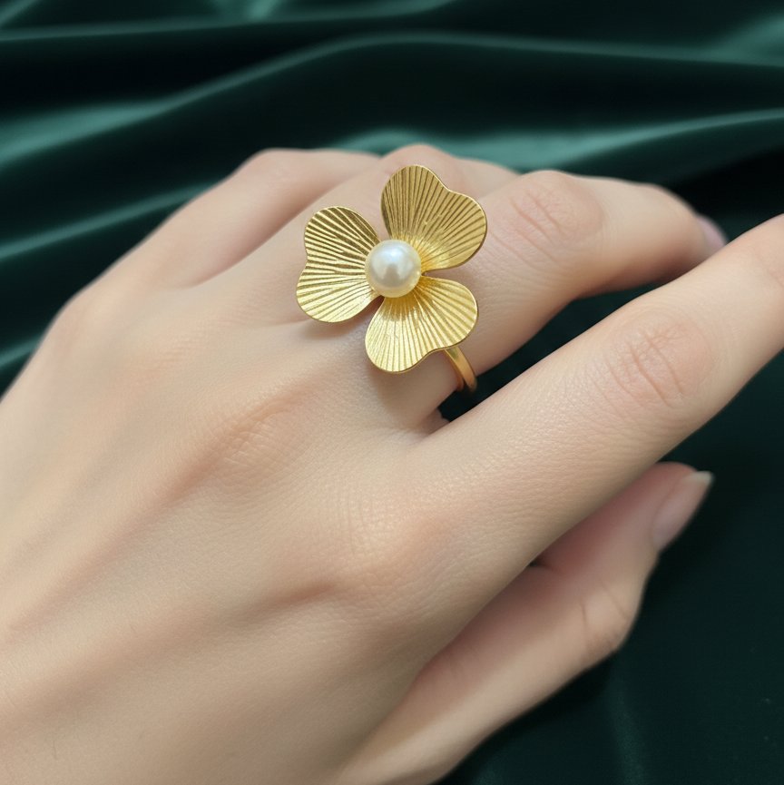Gold Plated Filigree Clover Ring with Pearl Center – Vintage-Inspired Three-Leaf Statement Ring