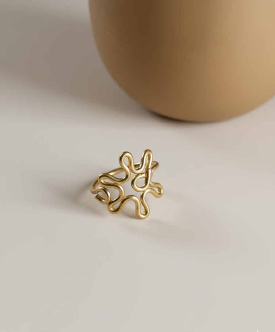 Gold Plated Squiggle Ring - Minimalist Abstract Wavy Statement Ring