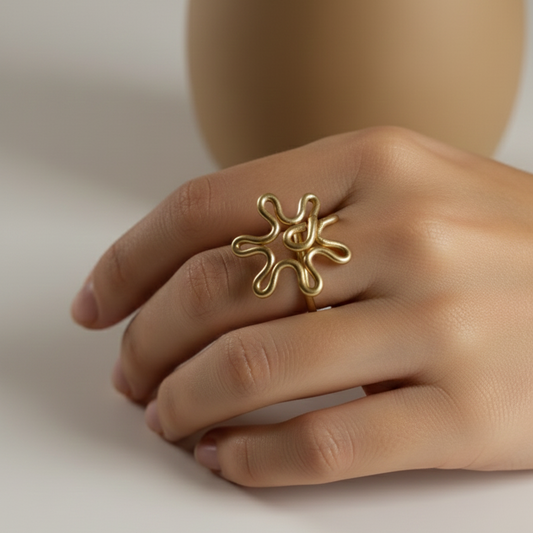 Gold Plated Squiggle Ring - Minimalist Abstract Wavy Statement Ring