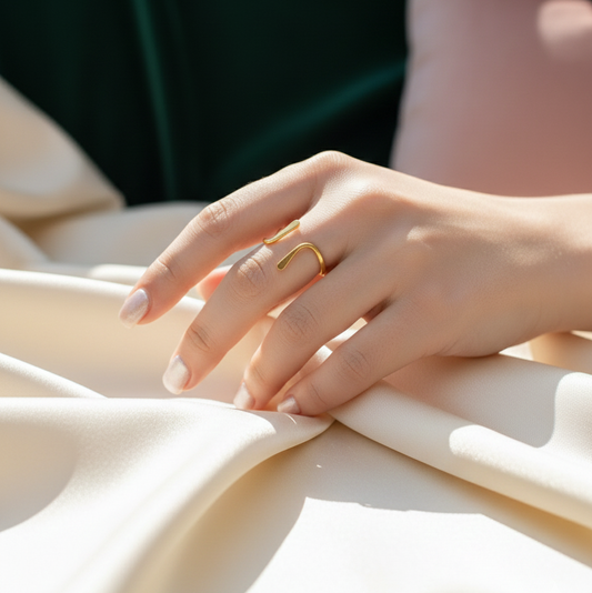 Gold Plated Minimalist Hook Open Ring - Adjustable Geometric Statement Band