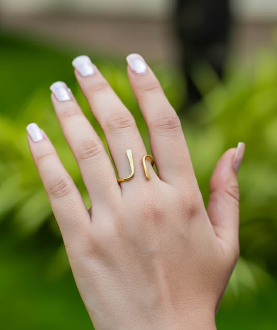 Gold Plated Minimalist Hook Open Ring - Adjustable Geometric Statement Band
