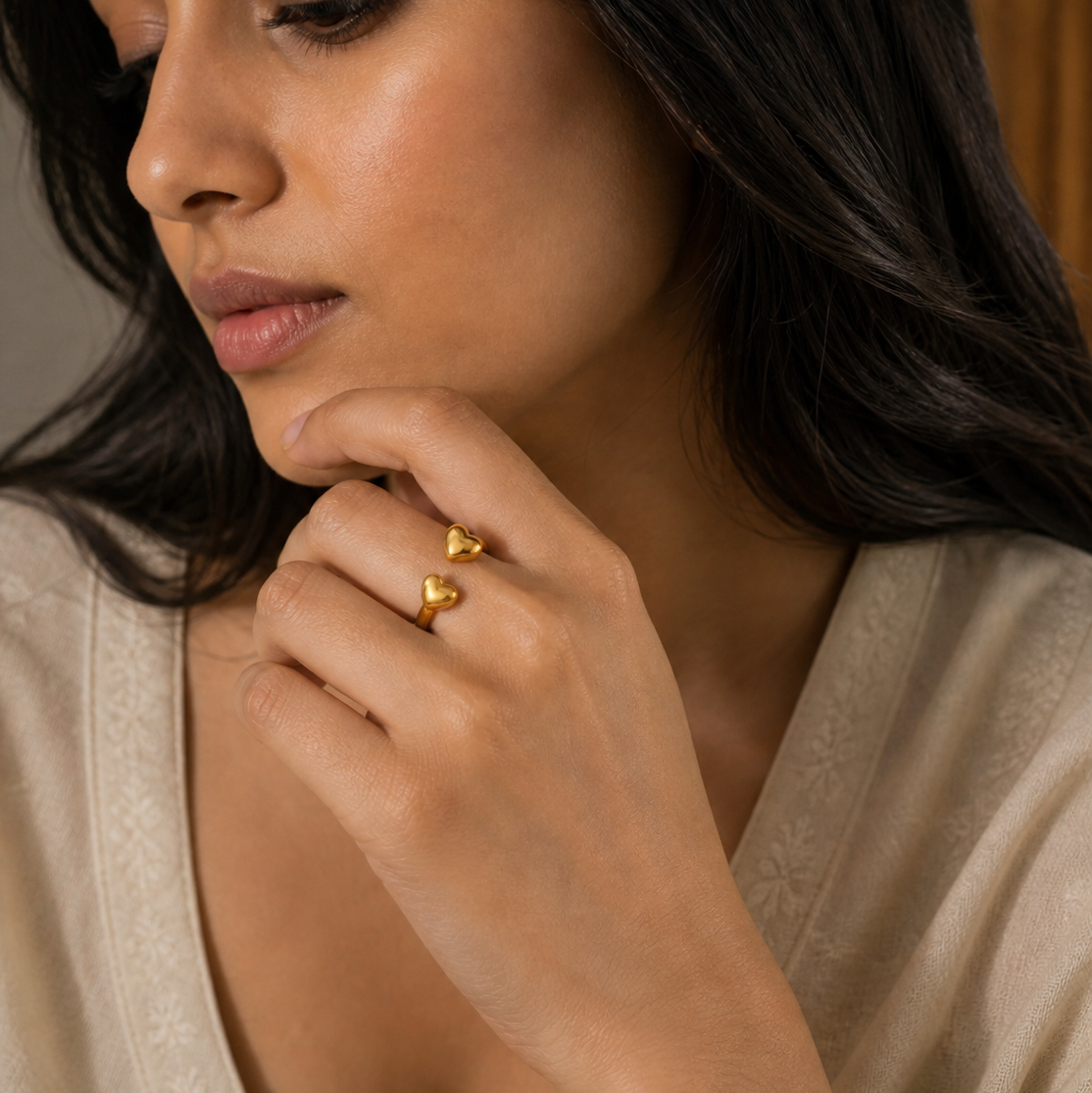 Gold-Plated Heart Design Adjustable Ring for Women | Minimalist Open Ring | Daily Wear & Party Jewellery