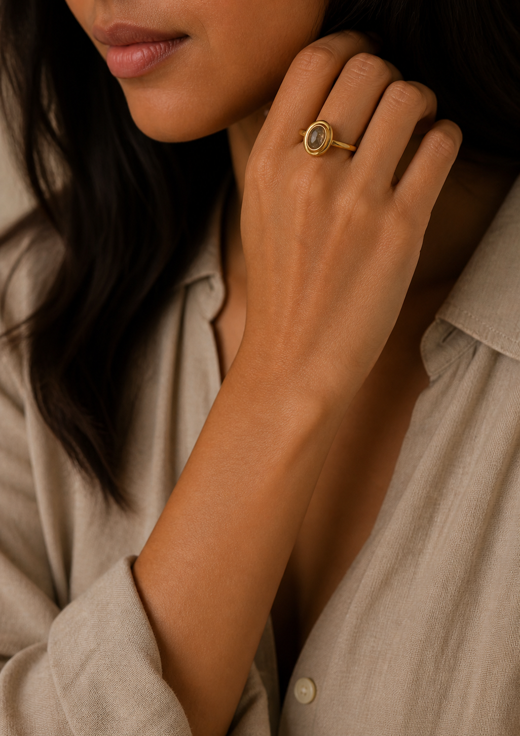 Gold Oval Solitaire Adjustable Ring