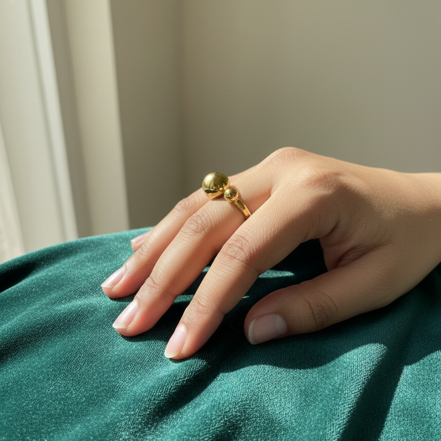 Gold-Plated Ball Design Adjustable Ring for Women | Minimalist Open Bead Ring | Daily Wear & Party Jewellery