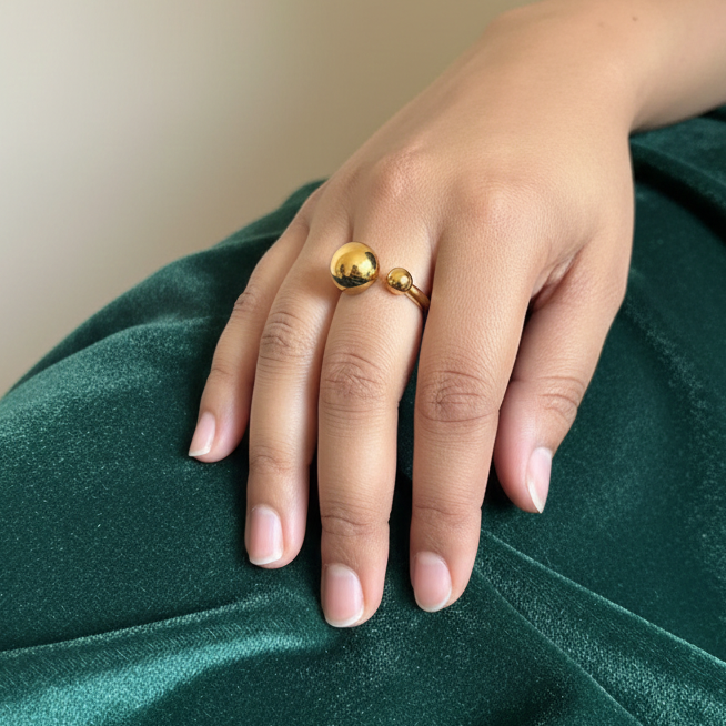 Gold-Plated Ball Design Adjustable Ring for Women | Minimalist Open Bead Ring | Daily Wear & Party Jewellery