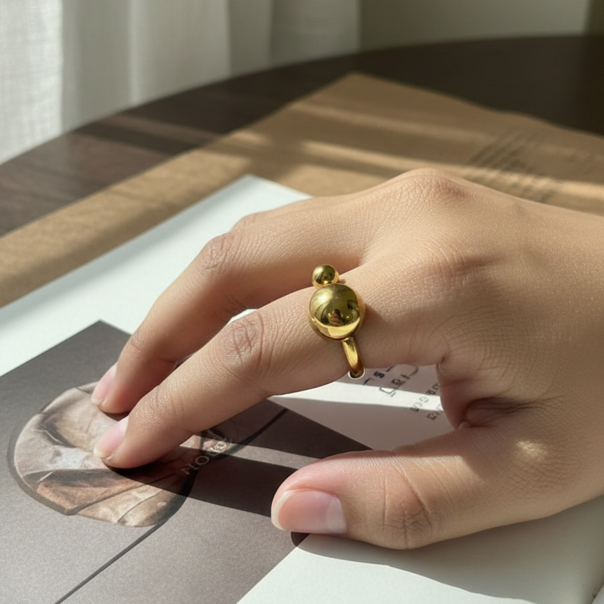 Gold-Plated Ball Design Adjustable Ring for Women | Minimalist Open Bead Ring | Daily Wear & Party Jewellery