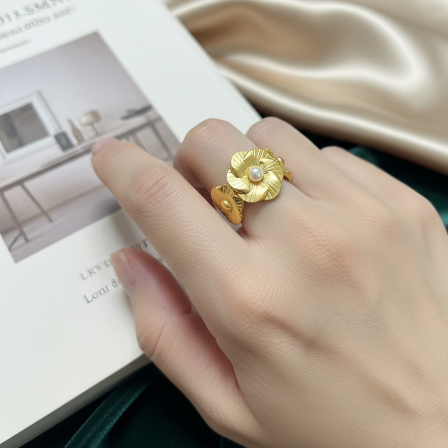 Gold-Plated Floral Lotus Design Adjustable Ring for Women | Statement Flower Ring | Party & Festive Jewellery