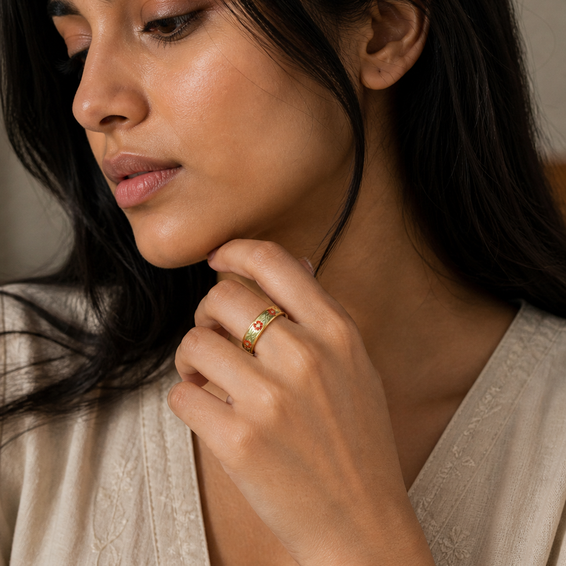 Gold Plated Floral Band Ring for Women | Vintage Enamel Flower Finger Ring | Daily Wear & Party Jewellery