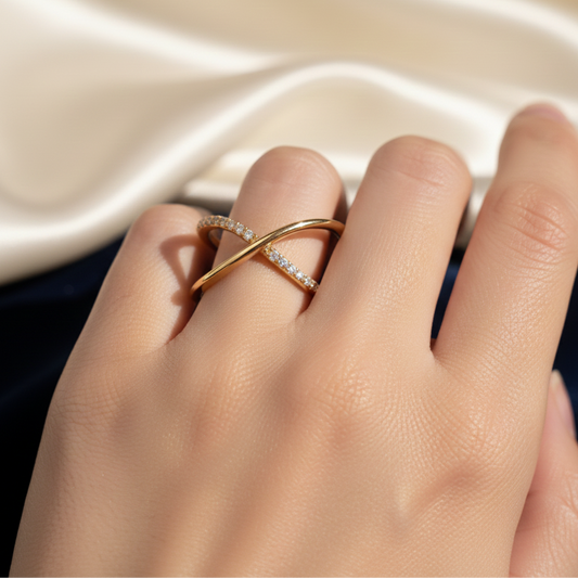 Gold Plated Criss Cross X Ring – Pavé Diamond Statement Band for Women – Elegant Crossover Stacking Ring