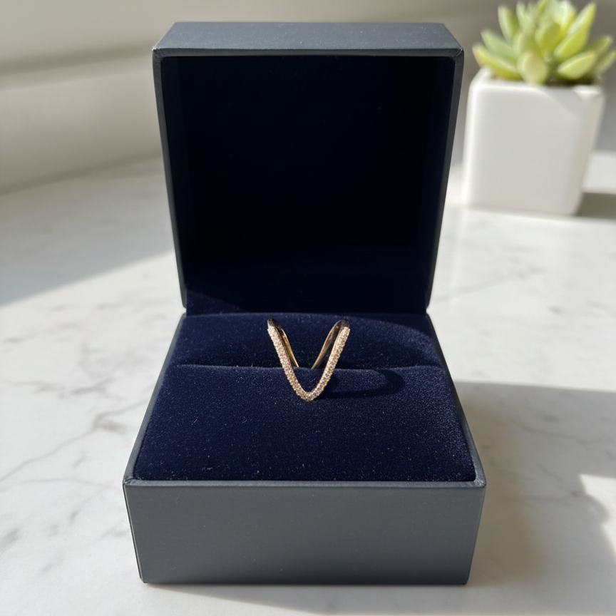 Gold Plated Double Row Chevron Ring – Pavé Diamond Crossover Wave Band – Dainty V-Shaped Stacking Ring for Women