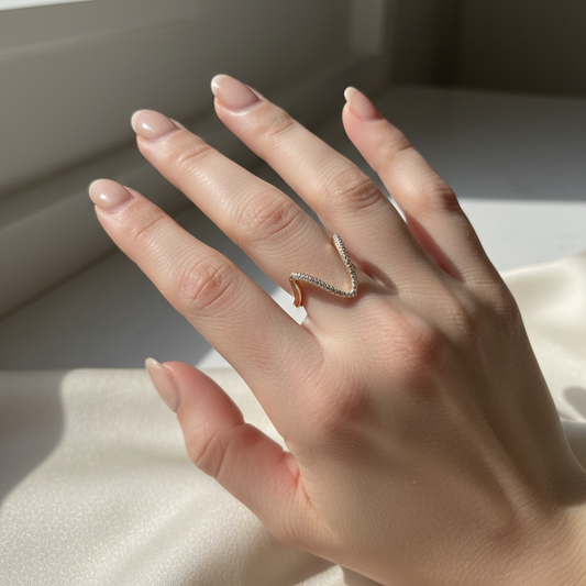 Gold Plated Double Row Chevron Ring – Pavé Diamond Crossover Wave Band – Dainty V-Shaped Stacking Ring for Women